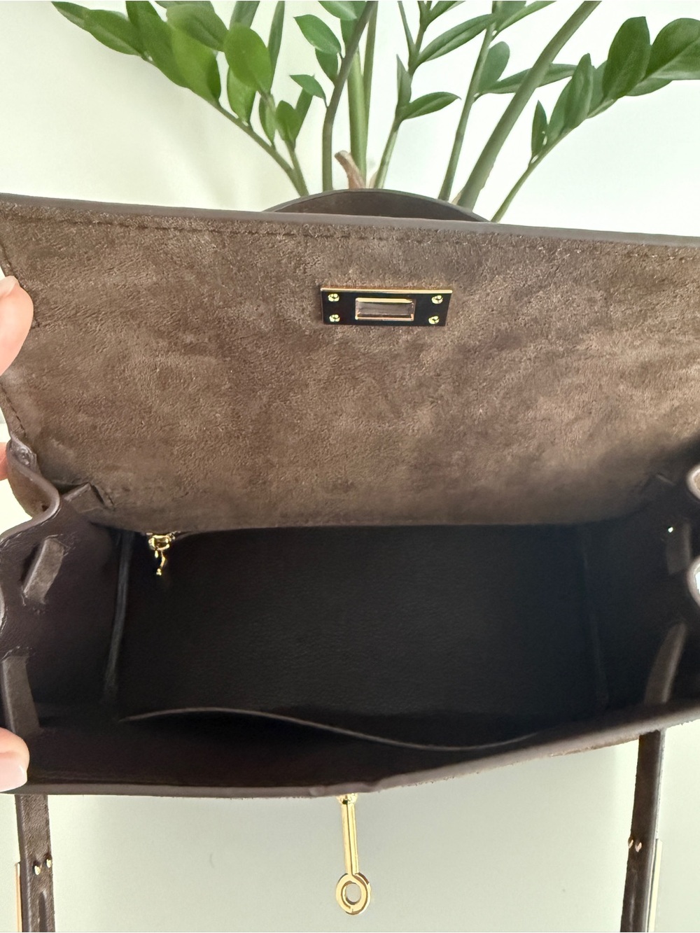 Kelly Inspired Genuine Suede Handbag Chocolate Brown - Picture 4 of 7